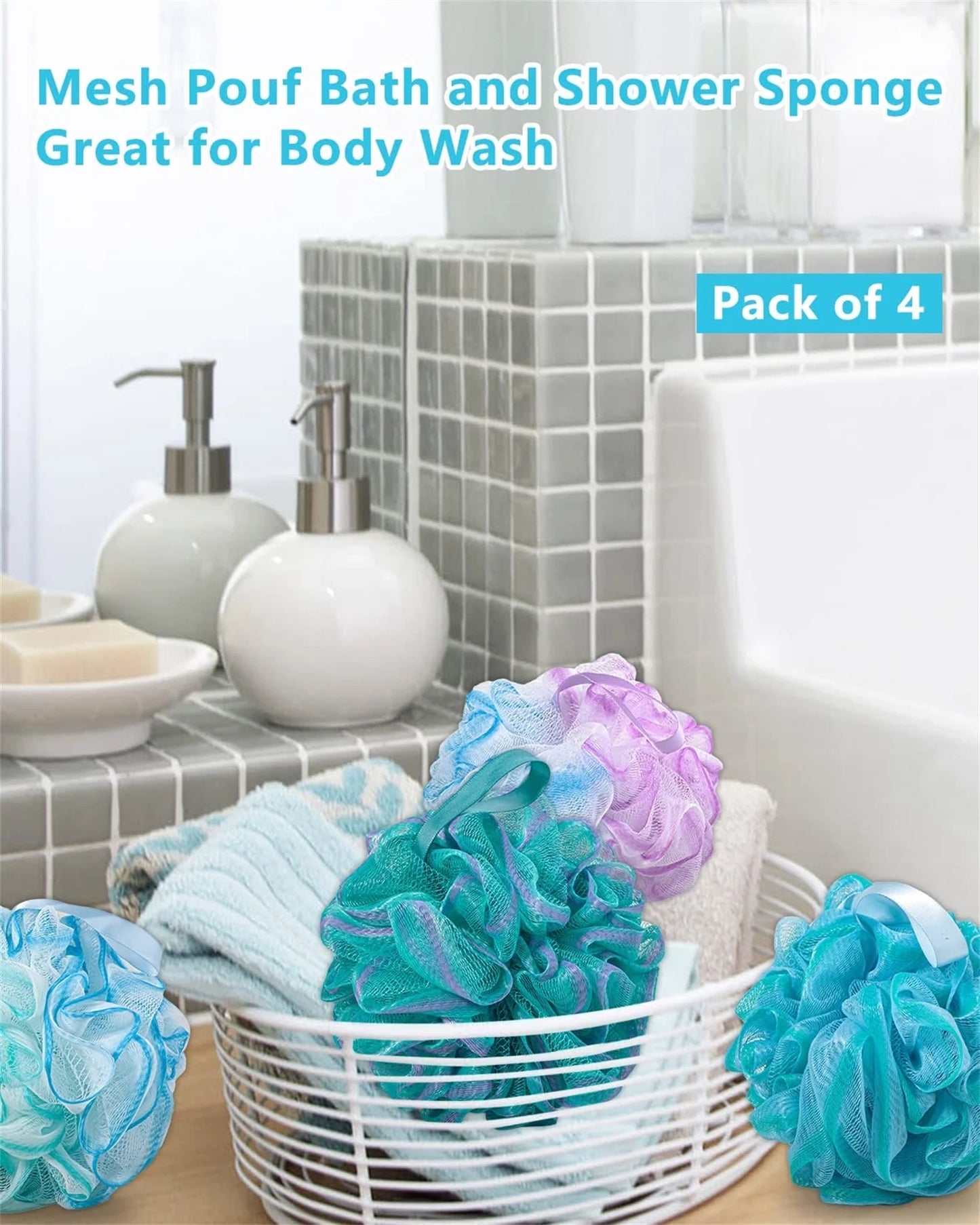 Shower Puff Loofah 75G/Pcs Extra Large Shower Puffs Shower Sponge Shower Scrunchie Body Puff Shower Exfoliating Bath Sponge for Adults, Set of 4, Flower Color