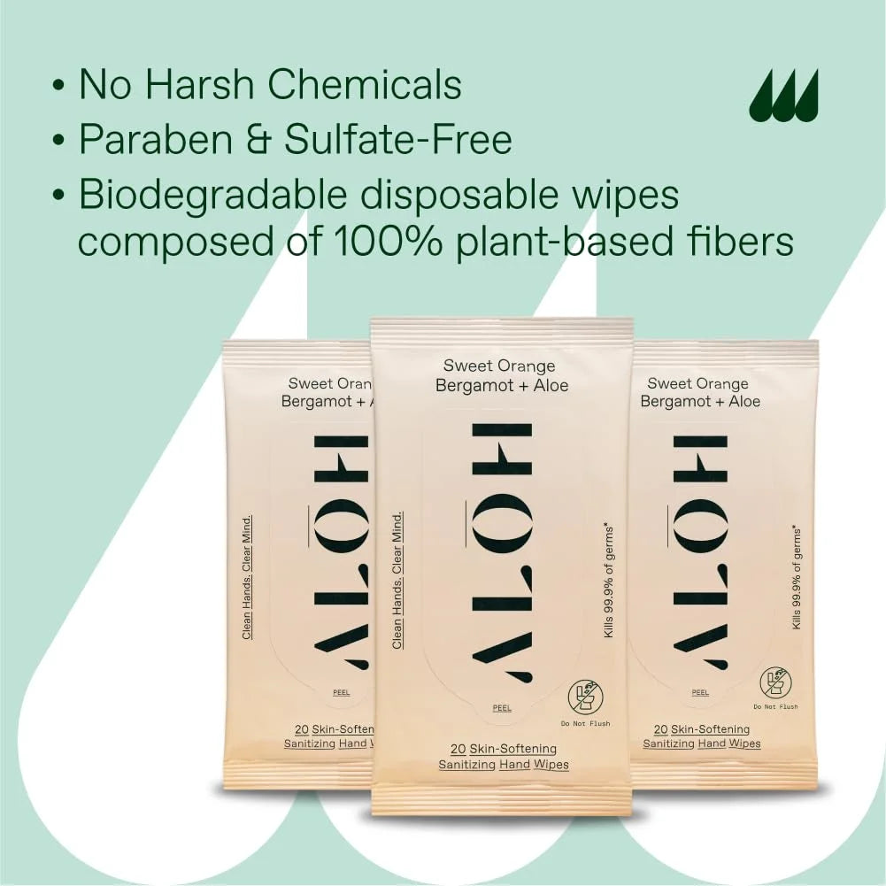 Sweet Orange Bergamot + e Sanitizing Hand Wipes - Clean Hands, Clear Mind - on the Go Hand Sanitizer Wipes for Kids and Adults - Sanitizing Hand Wipes Travel Size (3 Pack, 20Ct Wipes)