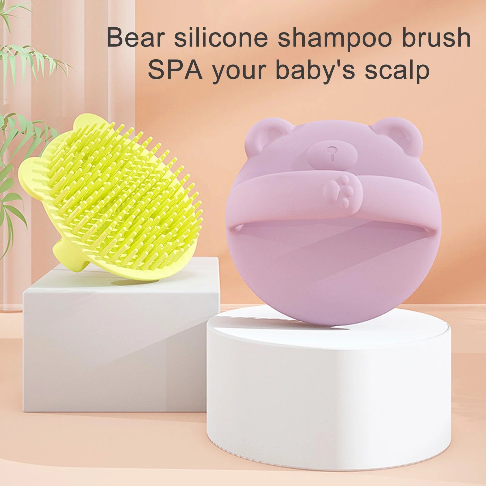 Baby Bath Brushes, Pack of 2, Cradle Cap Brushes, Baby Bath Silicone Brushes, Soft Sensory Scrubber, Bristles Handle Bear Pattern Infant Body Brush for Daily (Green&Purple)