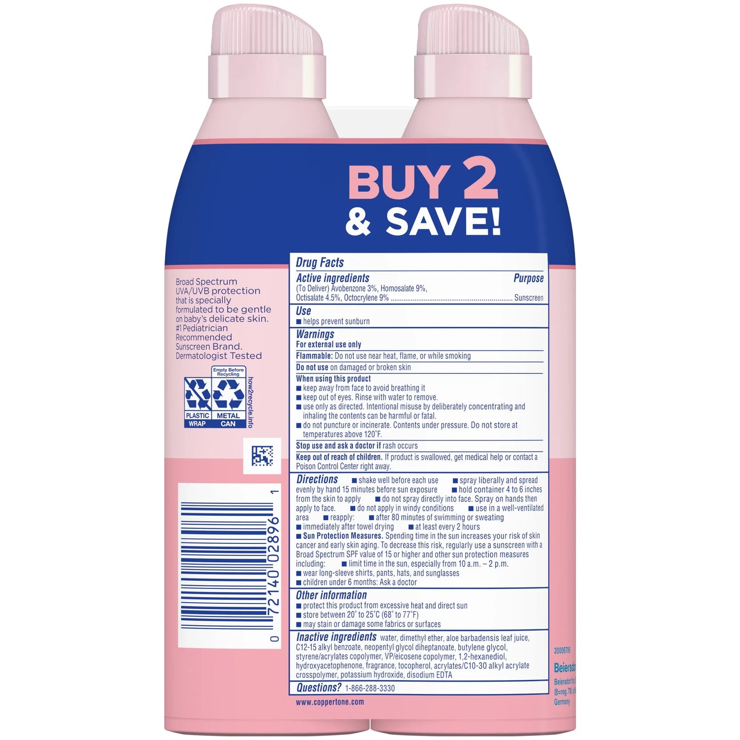 Coppertone Waterbabies Sunscreen Spray, SPF 50 Baby Sunscreen, 6 Oz, Pack of 2