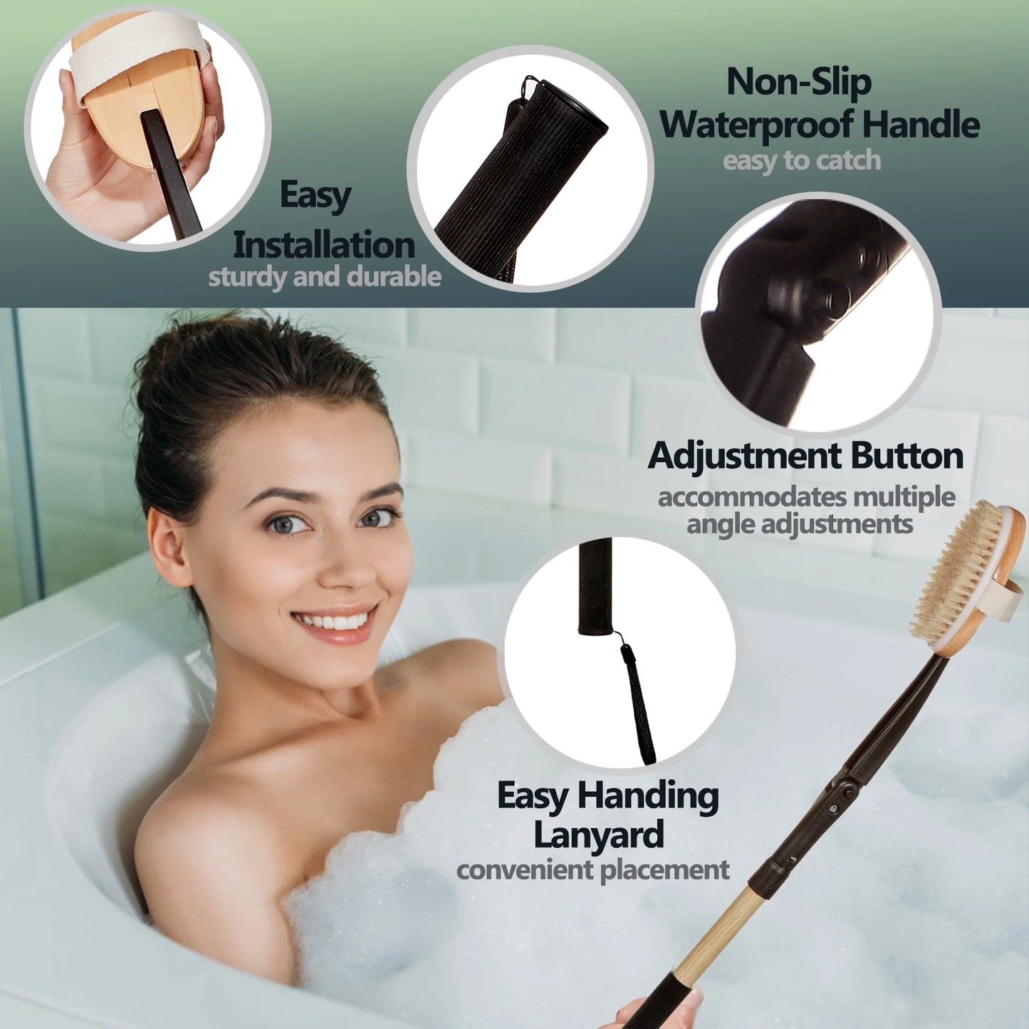 Long Handle Bath Body Brush & Lotion Applicator for Back Scrubber, Shower Brush with Soft Bristles for Wet or Dry