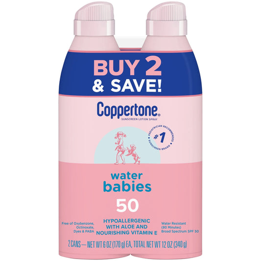 Coppertone Waterbabies Sunscreen Spray, SPF 50 Baby Sunscreen, 6 Oz, Pack of 2