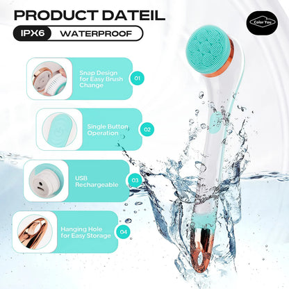 Electric Body Brush for Exfoliating and Massage, Long Handle Electric Bath Brush Rechargeable Body Scrubber, Soft Silicone Spinning Skin Brush with 4 Spin Brush Heads for Man and Women