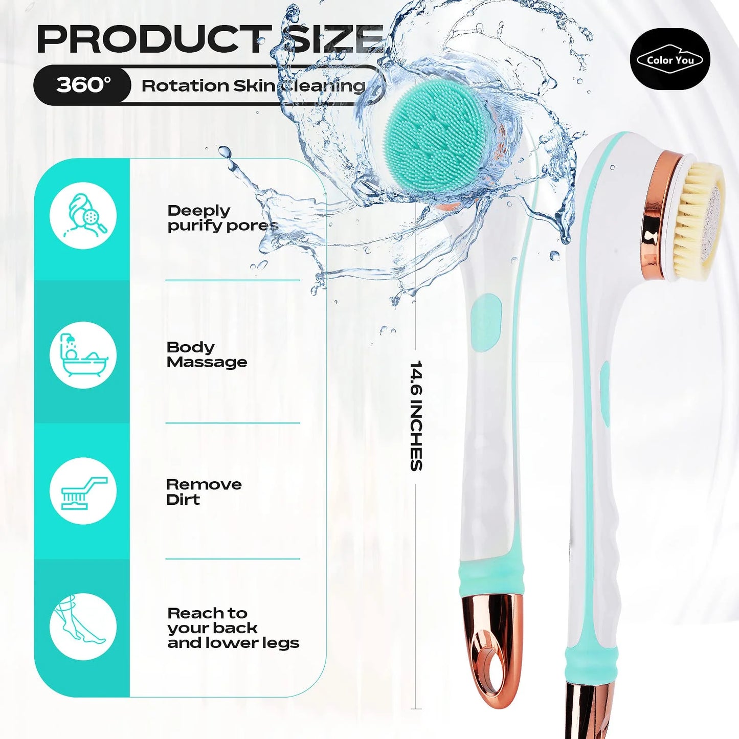 Electric Body Brush for Exfoliating and Massage, Long Handle Electric Bath Brush Rechargeable Body Scrubber, Soft Silicone Spinning Skin Brush with 4 Spin Brush Heads for Man and Women