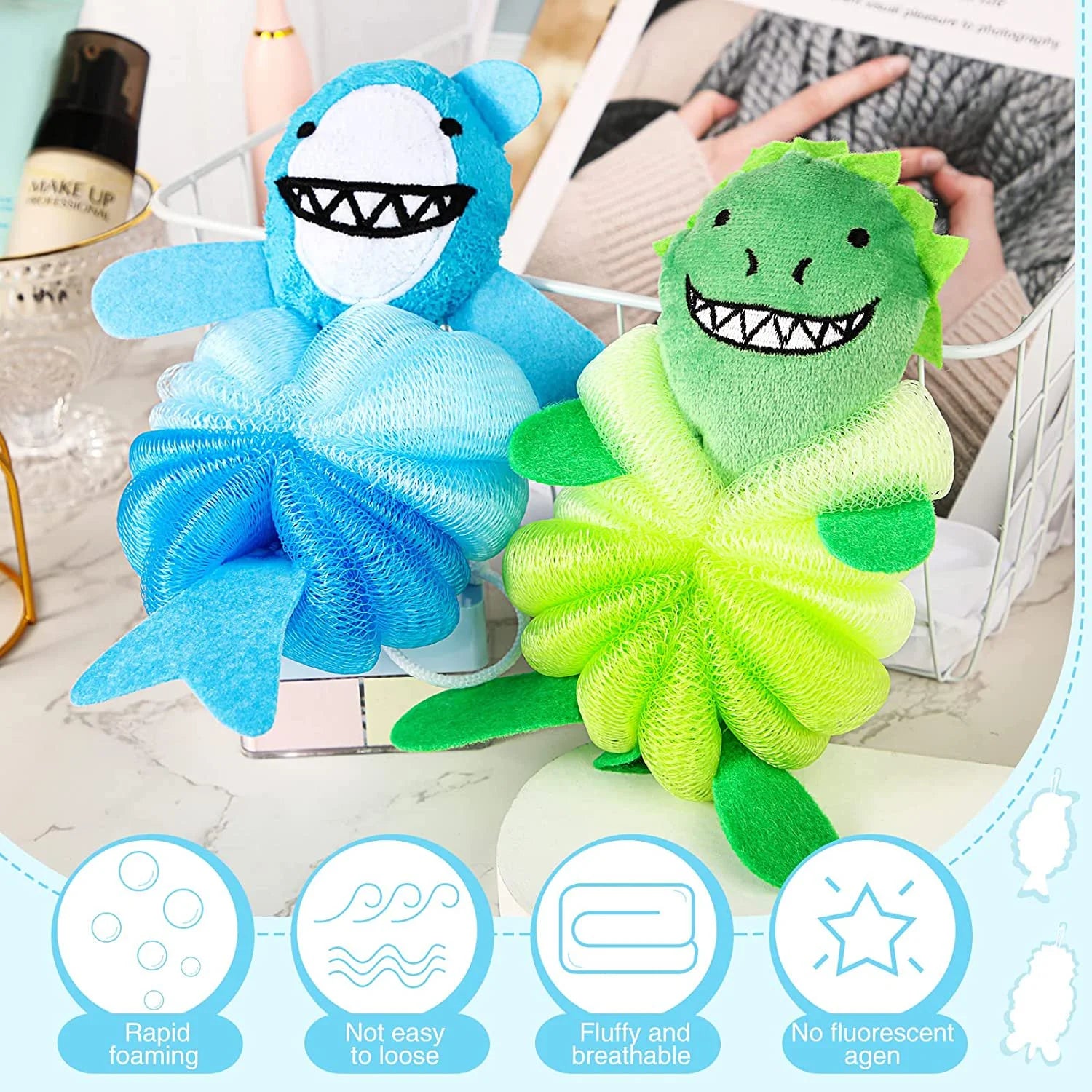 2 Pcs Bath Loofahs Kids Toddler Body Loofahs Cute Cartoon Kids Loofah Kid Bath Sponges Loofah Bath Pouf Body Scrubber Mesh Loofah Sponges for Children Shower Washing Exfoliating (Animal)