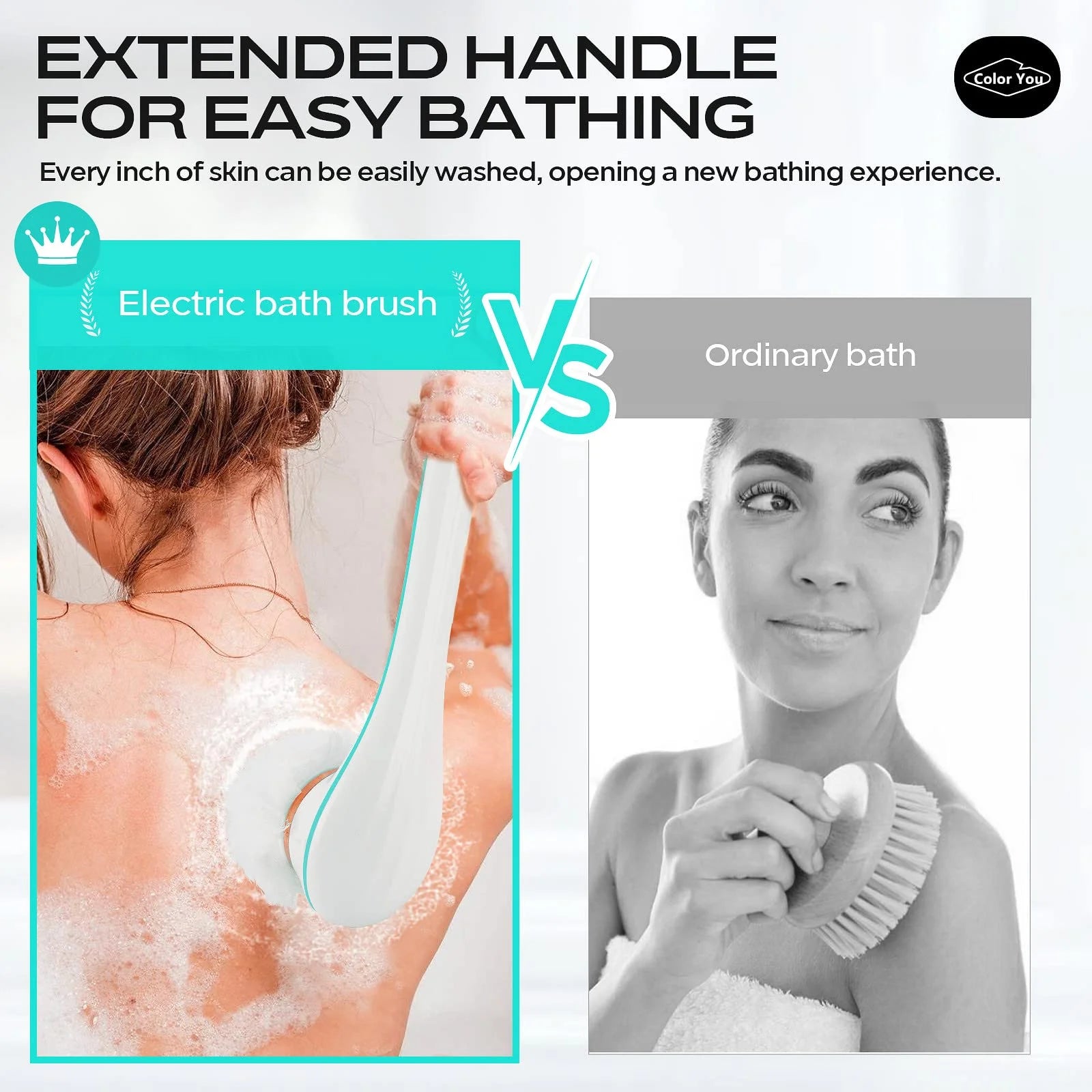 Electric Body Brush for Exfoliating and Massage, Long Handle Electric Bath Brush Rechargeable Body Scrubber, Soft Silicone Spinning Skin Brush with 4 Spin Brush Heads for Man and Women