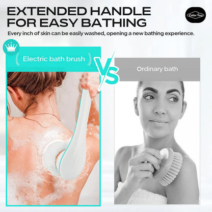 Electric Body Brush for Exfoliating and Massage, Long Handle Electric Bath Brush Rechargeable Body Scrubber, Soft Silicone Spinning Skin Brush with 4 Spin Brush Heads for Man and Women