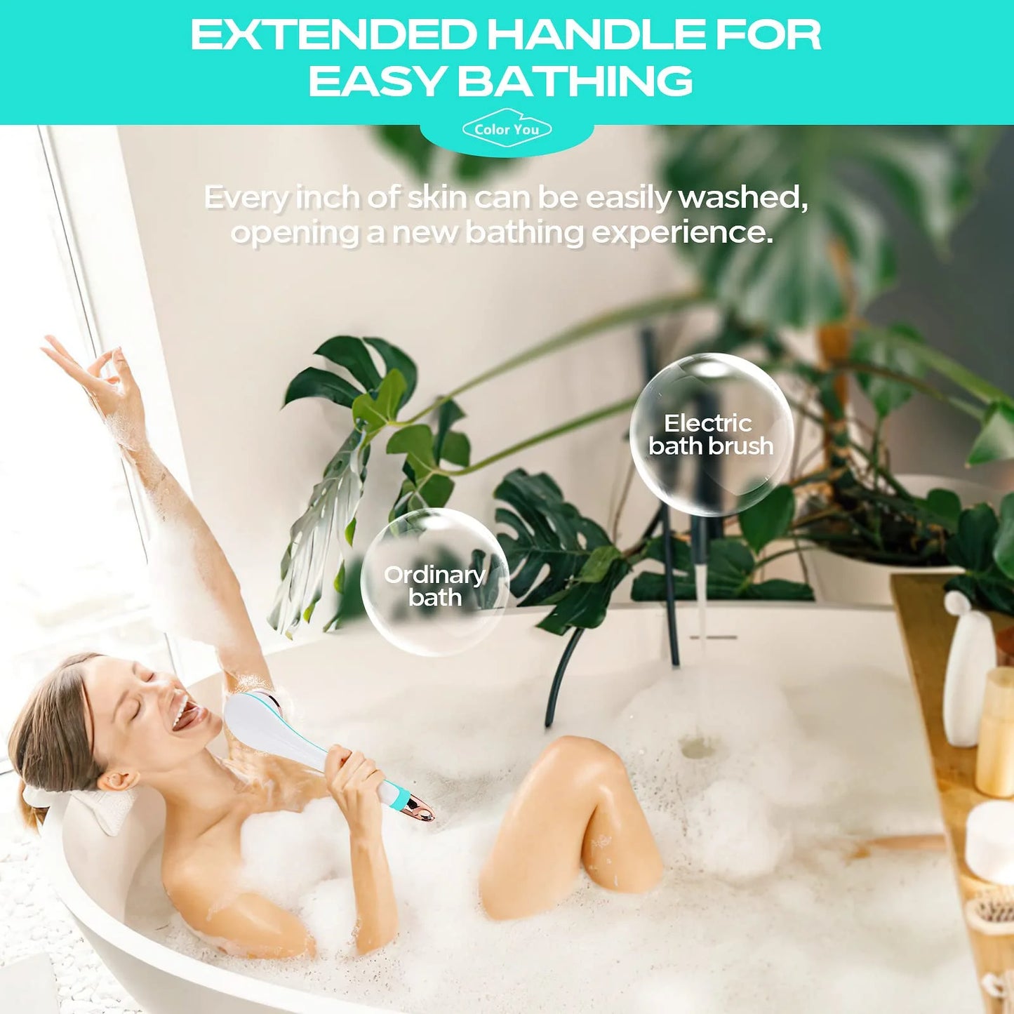 Electric Body Brush for Exfoliating and Massage, Long Handle Electric Bath Brush Rechargeable Body Scrubber, Soft Silicone Spinning Skin Brush with 4 Spin Brush Heads for Man and Women