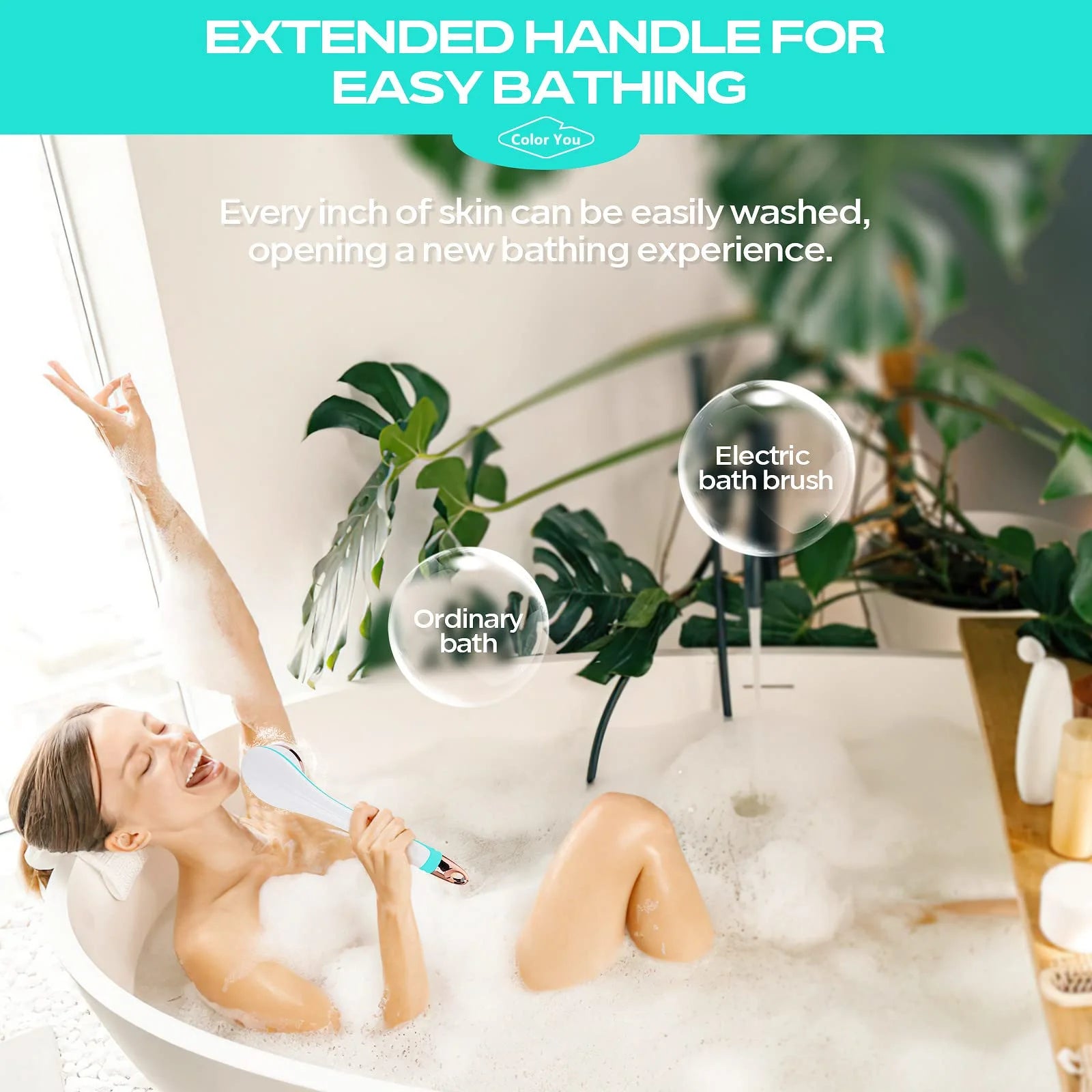 Electric Body Brush for Exfoliating and Massage, Long Handle Electric Bath Brush Rechargeable Body Scrubber, Soft Silicone Spinning Skin Brush with 4 Spin Brush Heads for Man and Women
