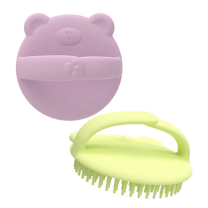 Baby Bath Brushes, Pack of 2, Cradle Cap Brushes, Baby Bath Silicone Brushes, Soft Sensory Scrubber, Bristles Handle Bear Pattern Infant Body Brush for Daily (Green&Purple)