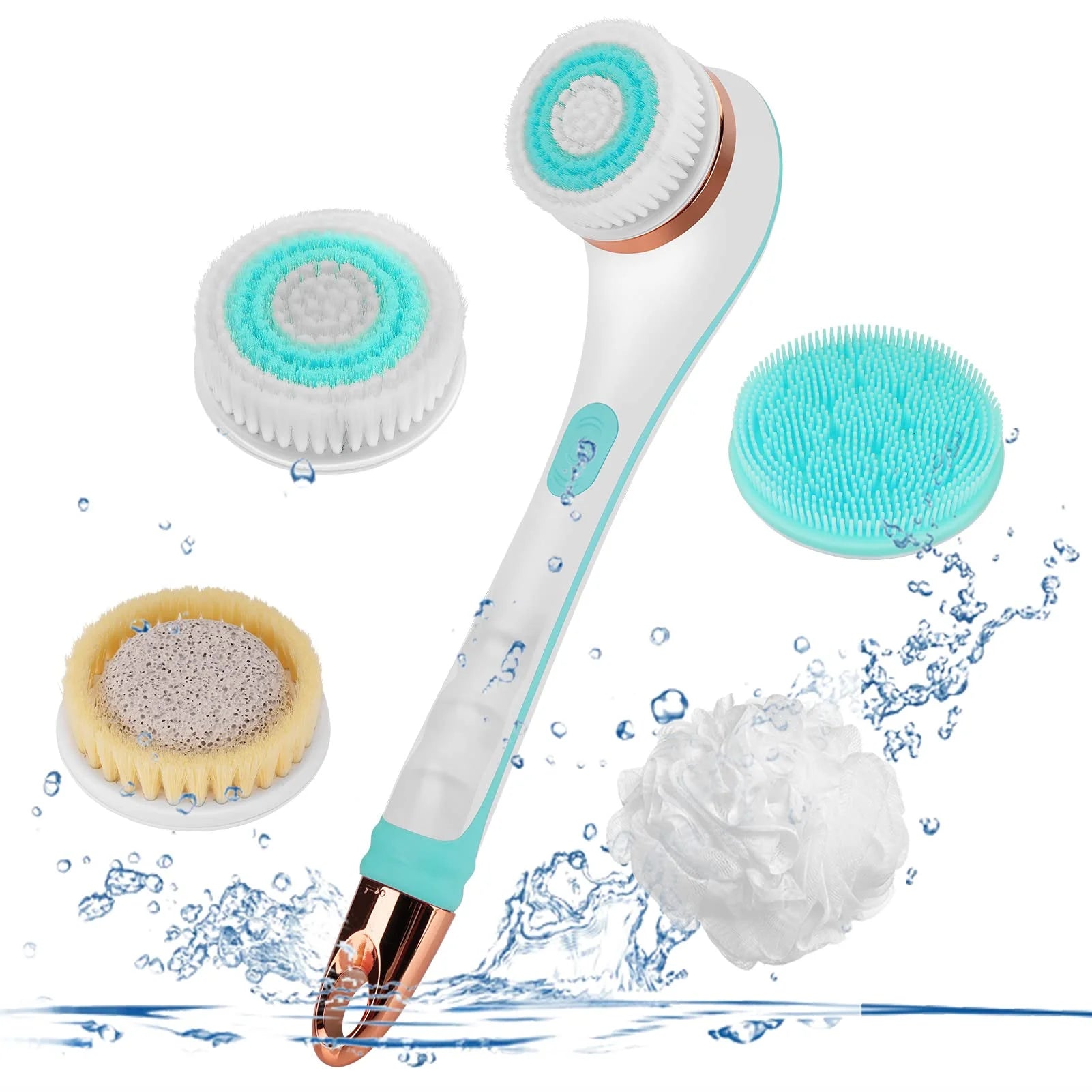 Electric Body Brush for Exfoliating and Massage, Long Handle Electric Bath Brush Rechargeable Body Scrubber, Soft Silicone Spinning Skin Brush with 4 Spin Brush Heads for Man and Women