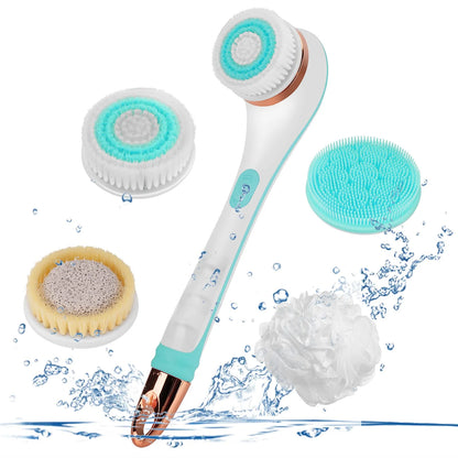 Electric Body Brush for Exfoliating and Massage, Long Handle Electric Bath Brush Rechargeable Body Scrubber, Soft Silicone Spinning Skin Brush with 4 Spin Brush Heads for Man and Women