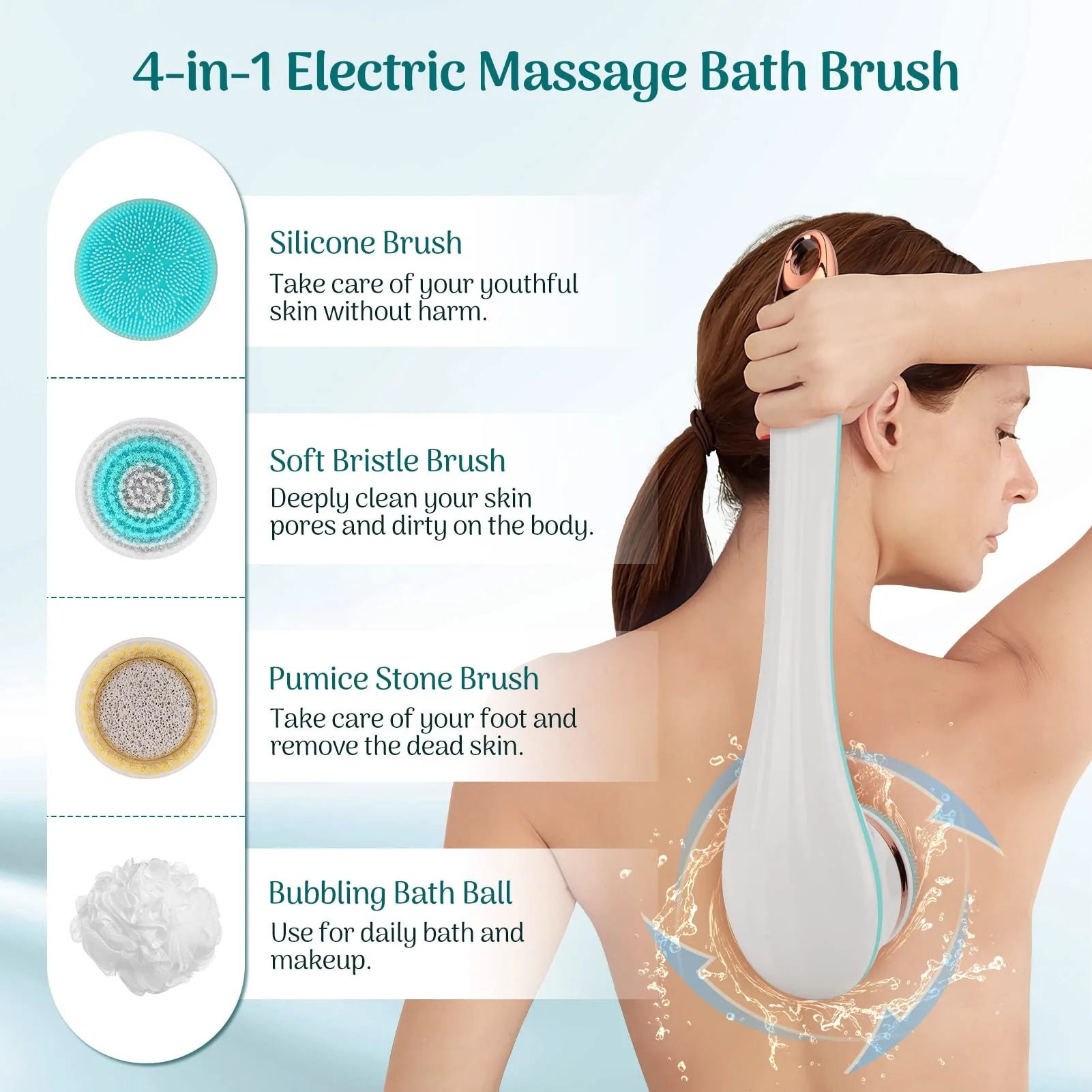 Electric Body Brush for Exfoliating and Massage, Long Handle Electric Bath Brush Rechargeable Body Scrubber, Soft Silicone Spinning Skin Brush with 4 Spin Brush Heads for Man and Women