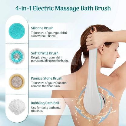 Electric Body Brush for Exfoliating and Massage, Long Handle Electric Bath Brush Rechargeable Body Scrubber, Soft Silicone Spinning Skin Brush with 4 Spin Brush Heads for Man and Women